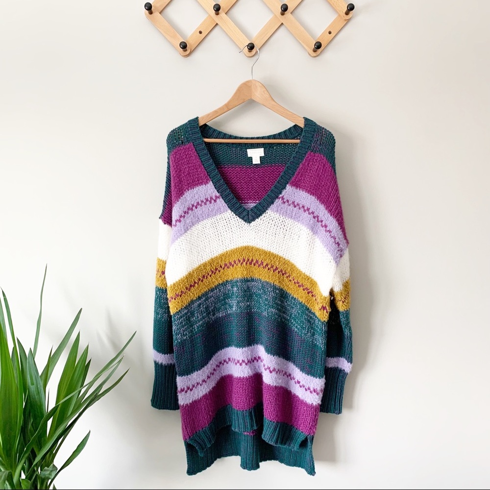 Caslon Mixed Stripe V-neck Purple Multicolor Sweater